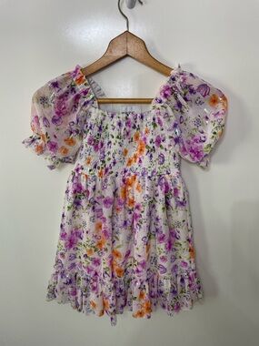 Rare Editions Girls Floral Smocked Sequin Dress, Purple Orange, size 6/6X